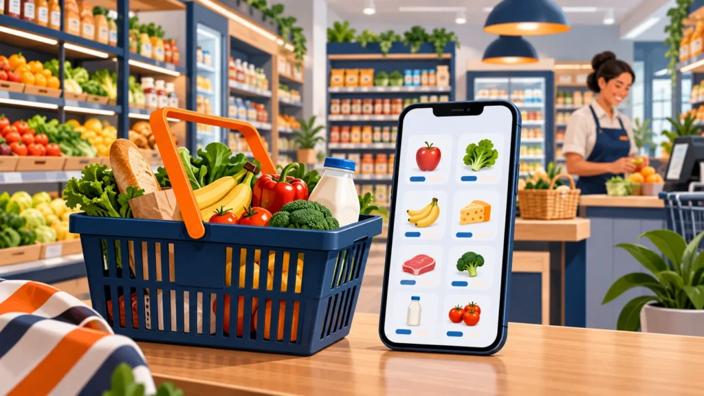 Ilustração de uma cesta de compras diante de um celular, com hortifrúti e corredores de supermercado ao fundo.
