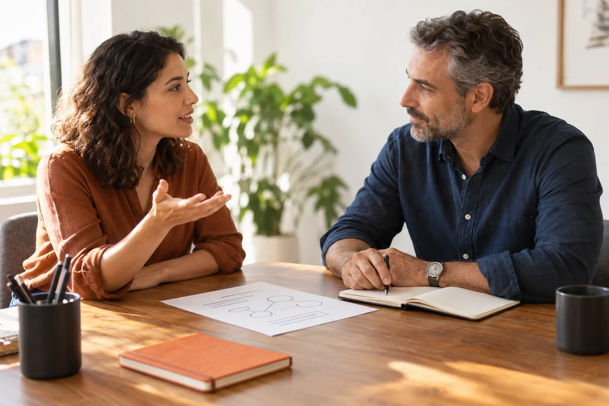 Profissional faz uma pergunta a um colega experiente durante uma conversa individual, com caderno e referência apoiados sobre a mesa.