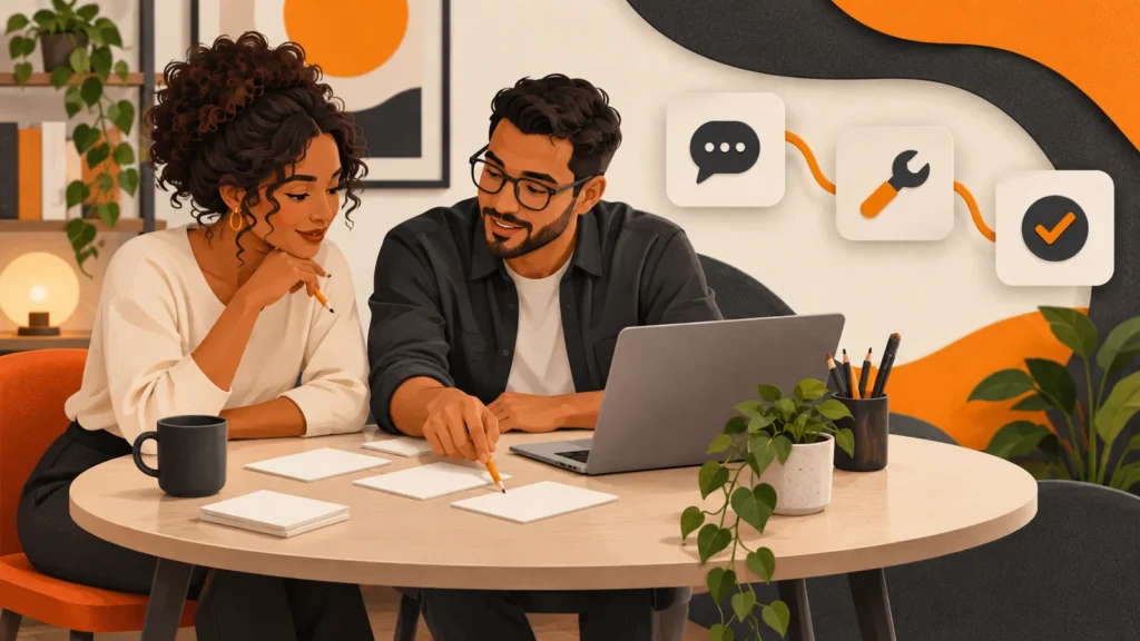 Duas pessoas revisam um plano em uma conversa de mentoria em marketing digital