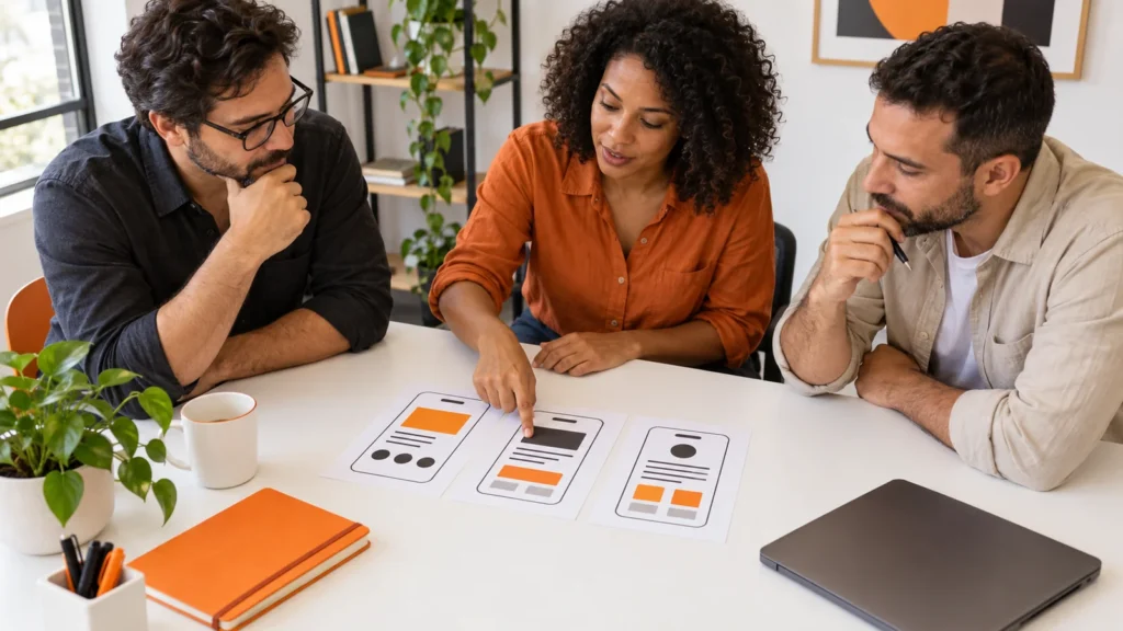 Equipe de três profissionais analisando protótipos em papel apoiados sobre uma mesa.