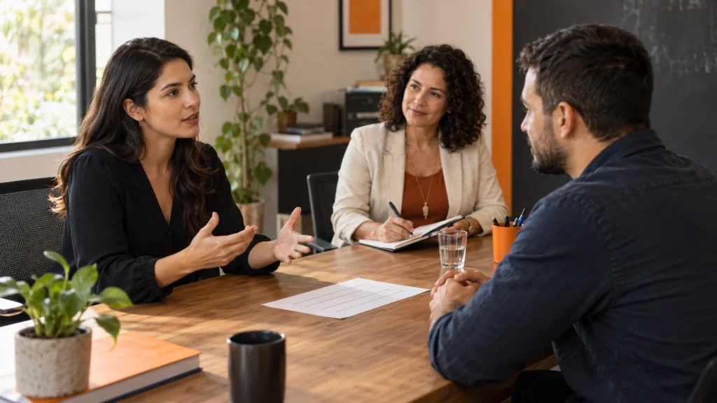 Participante pratica uma conversa de atendimento com um colega enquanto a facilitadora observa e registra orientações.