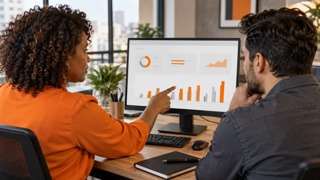 Gestores observam um painel ilustrativo de treinamentos na tela de um monitor.