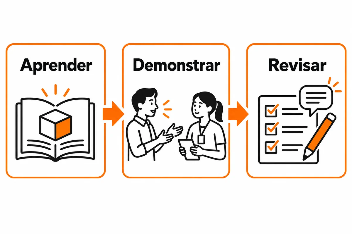 Sequência de aprendizado, demonstração de uma tarefa e revisão com retorno para parceiros.