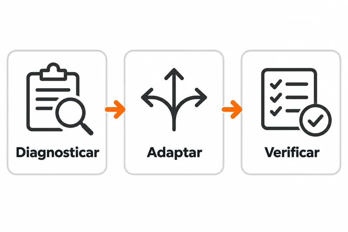 Três etapas conectadas por setas: diagnosticar, adaptar e verificar.