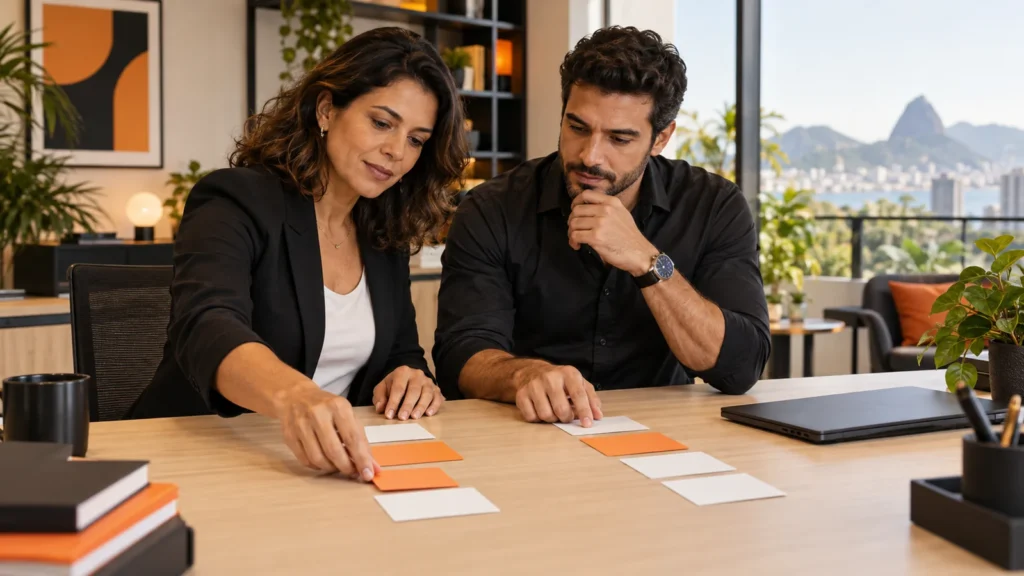 Dois profissionais organizam cartões em percursos de aprendizagem sobre uma mesa.