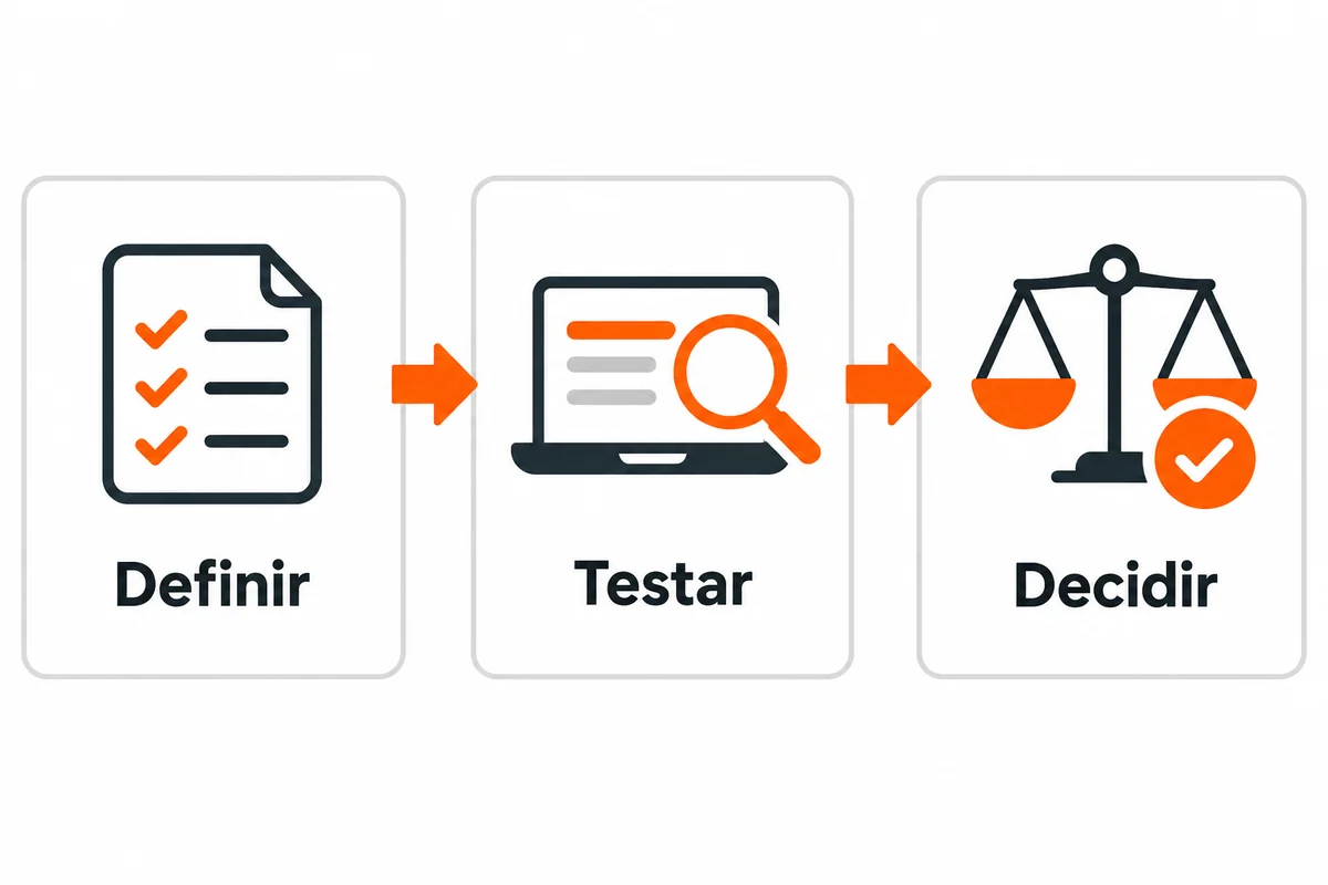 Três etapas conectadas por setas: definir, testar e decidir.