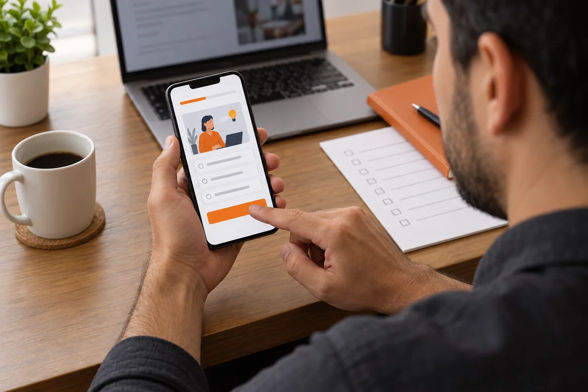 Participante segura um celular e toca em uma atividade de curso online, com uma lista de conferência sobre a mesa.
