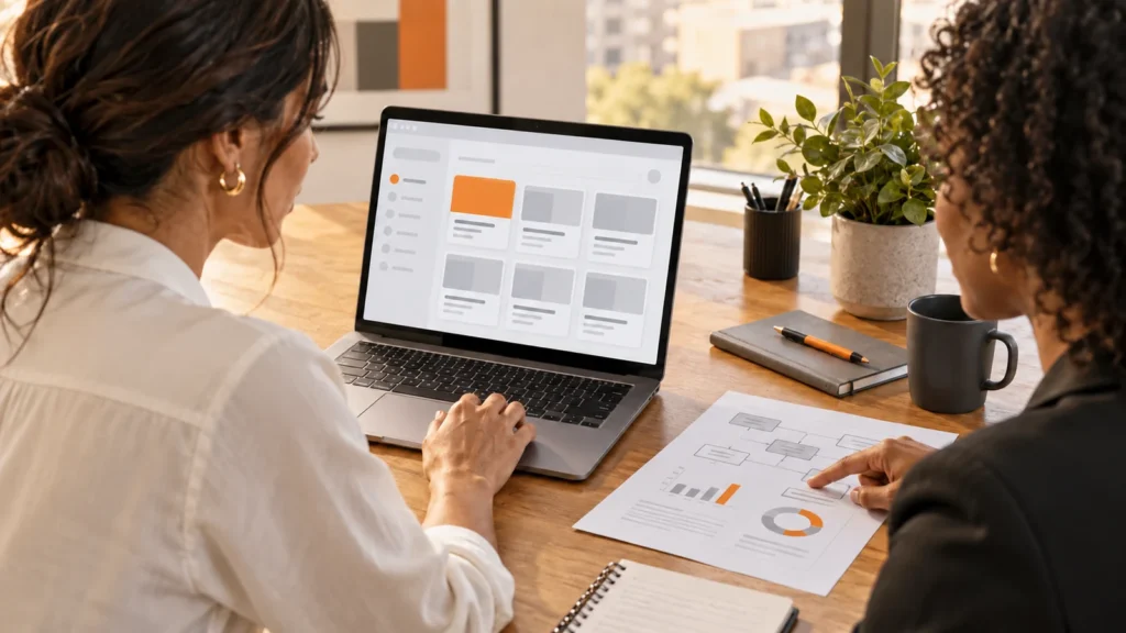 Duas profissionais conferem uma interface genérica de cursos e um documento deitado sobre a mesa com diagramas ilustrativos.