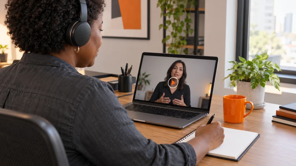 Profissional com fones de ouvido assiste a uma aula no laptop e faz anotações em um caderno.