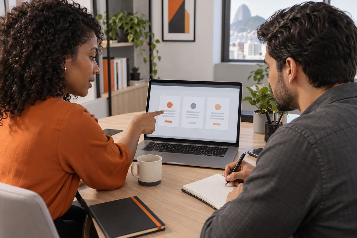 Dois profissionais revisam juntos uma atividade na frente da tela de um notebook.