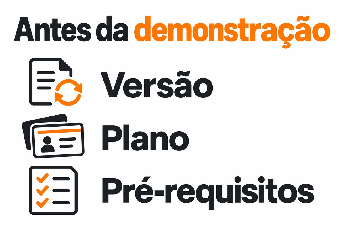 Checklist para demonstrar um produto digital: conferir versão, plano e pré-requisitos.
