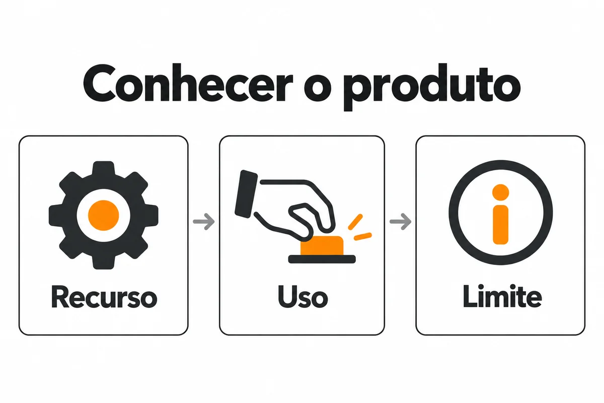 Três partes do conhecimento de produto: recurso, uso e limite.