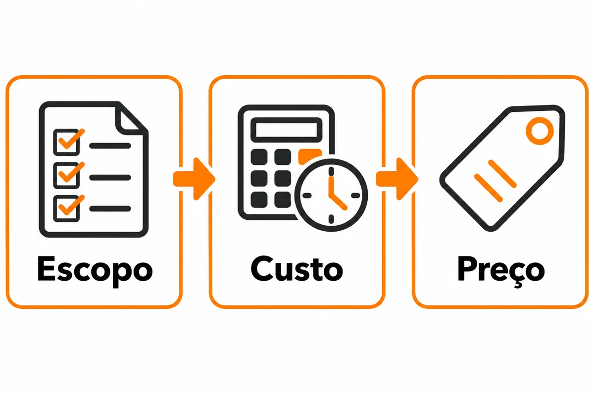 Diagrama em três cartões conectados por setas: escopo, custo e preço.