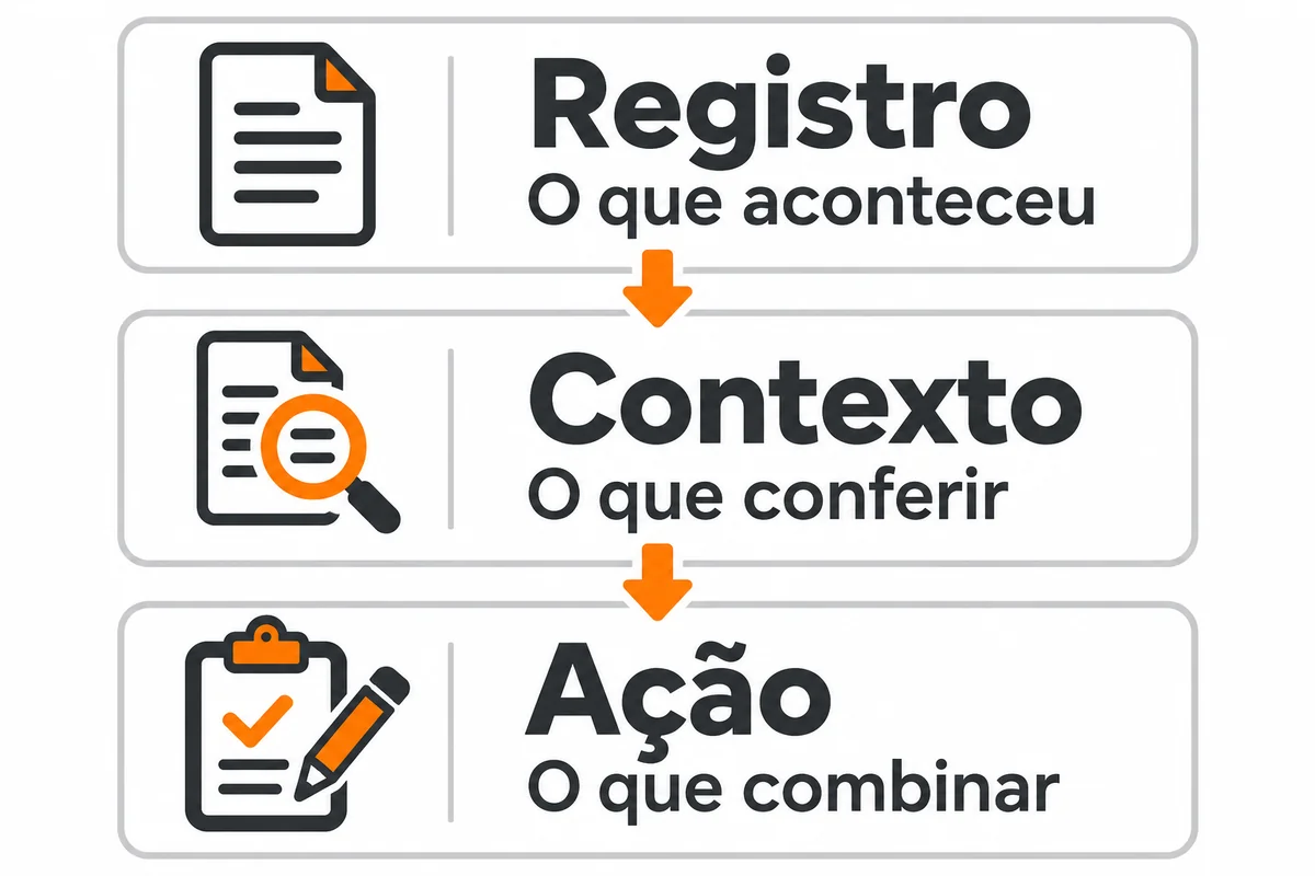 Fluxo em três etapas: Registro, o que aconteceu; Contexto, o que conferir; Ação, o que combinar.