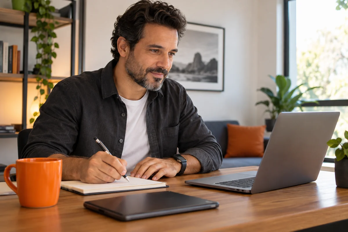 Profissional acompanha uma atividade no notebook enquanto registra anotações em um caderno.