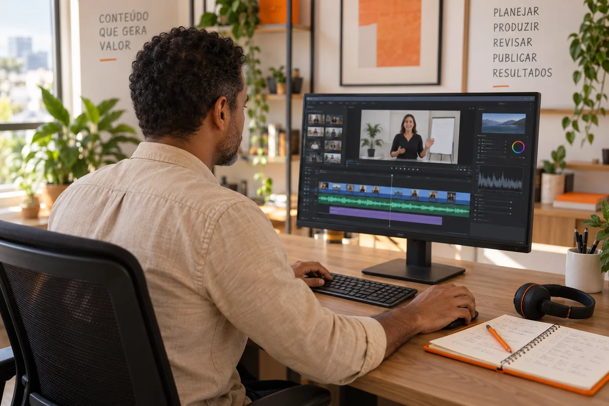 Profissional revisa uma videoaula em um editor ilustrativo com trilhas de imagem e áudio no monitor.
