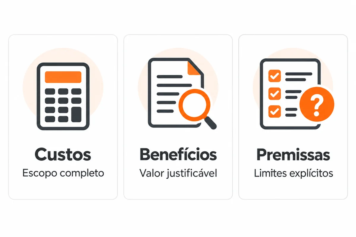 Três componentes da análise de ROI: custos com escopo completo, benefícios com valor justificável e premissas com limites explícitos.
