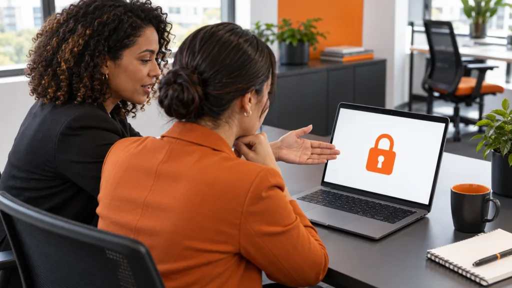 Duas profissionais do mesmo lado da mesa observam a frente de um notebook com ícone de cadeado laranja.