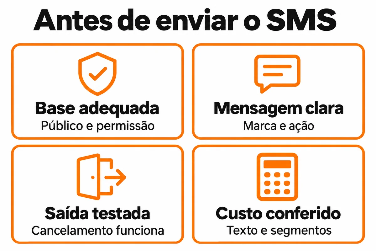 Quatro cuidados antes do envio de SMS: base adequada, mensagem clara, saída testada e custo conferido.