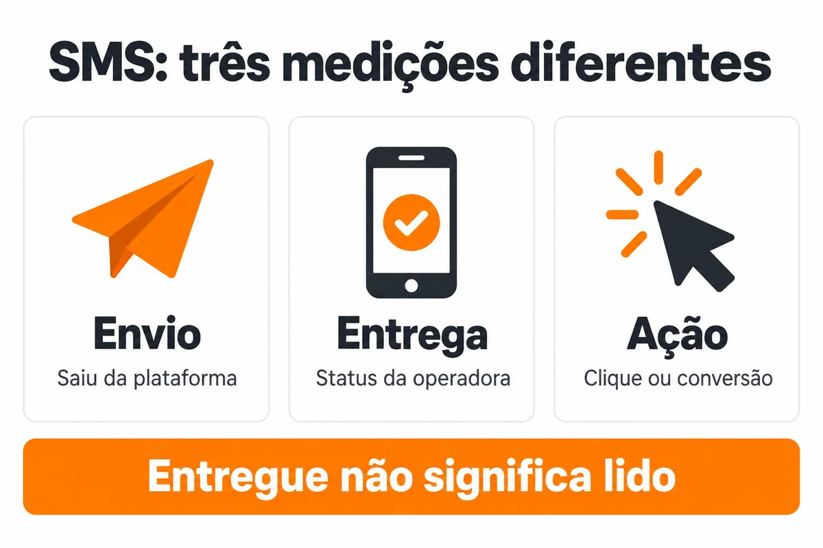 Três cartões distinguem envio, entrega e ação, com destaque para entregue não significa lido.