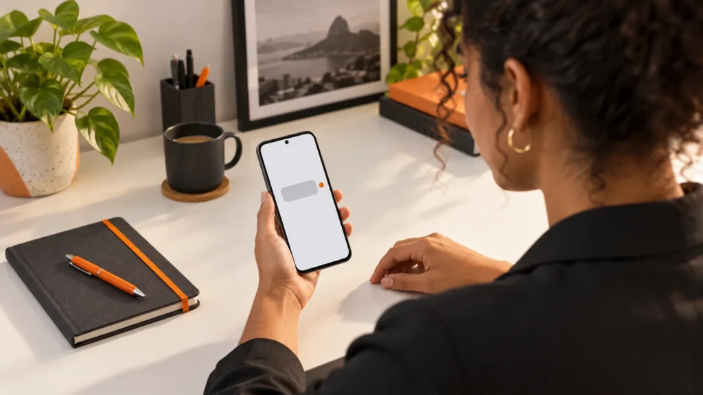 Gestora observa a tela de um smartphone à mesa, com caderno e detalhes em laranja.