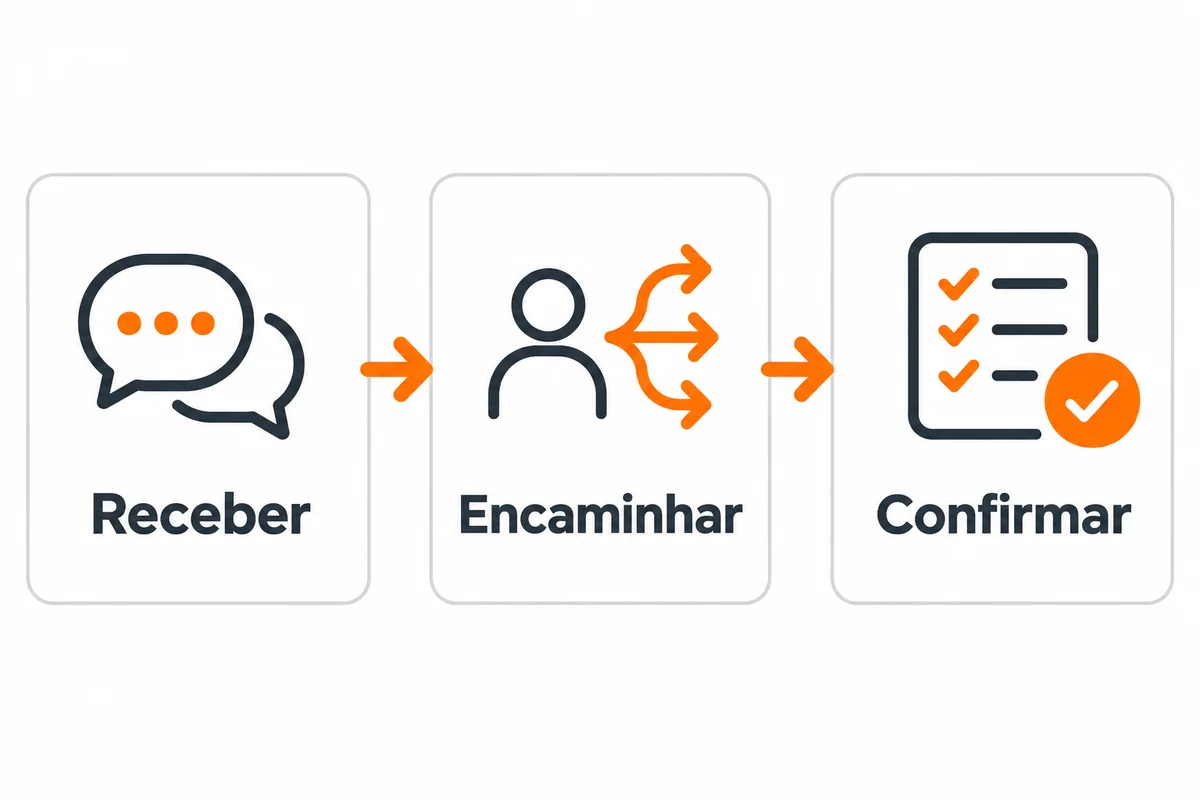 Três etapas do atendimento ligadas por setas: receber, encaminhar e confirmar.
