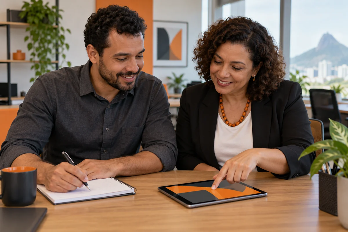 Profissional orienta um colega usando um tablet sobre a mesa enquanto ele faz anotações.