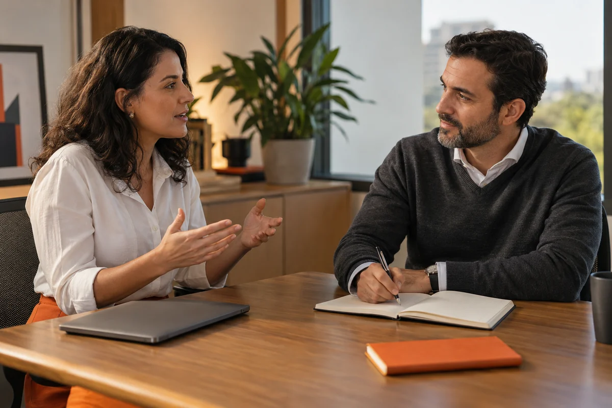Dois profissionais praticam uma conversa comercial enquanto um deles faz anotações em um caderno.