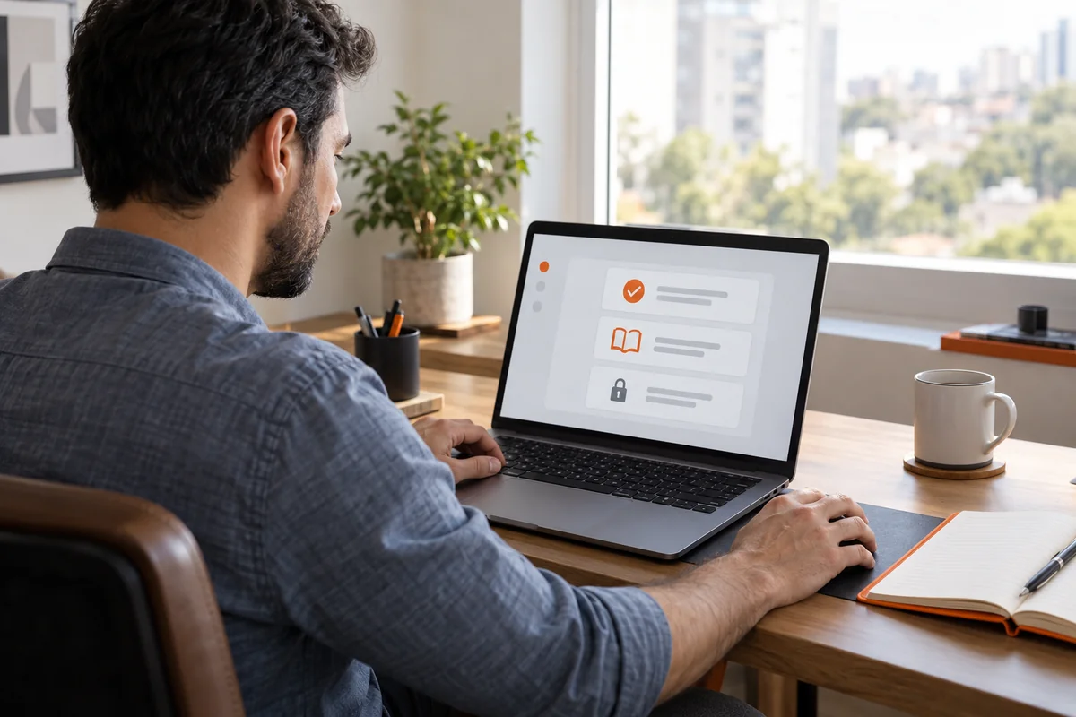Profissional testa em um notebook uma trilha ilustrativa com módulos concluído, disponível e restrito.