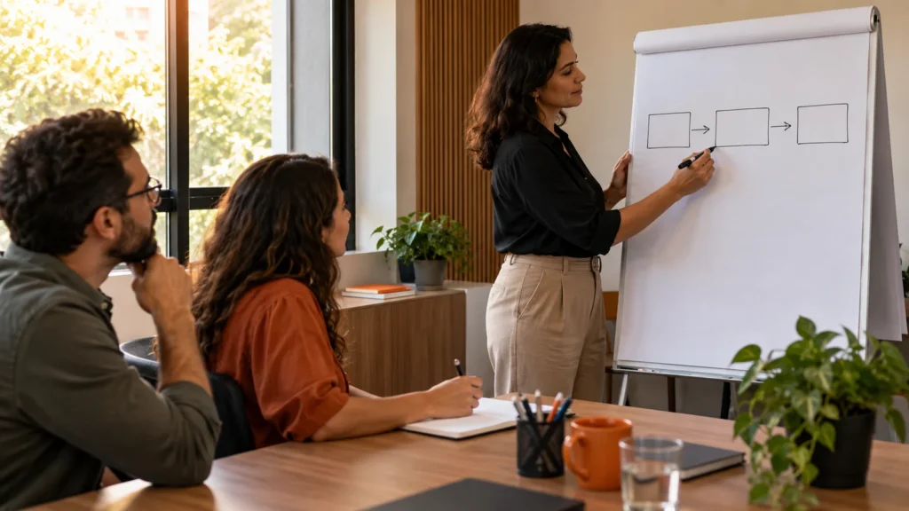 Facilitadora desenha uma sequência simples no flipchart enquanto dois participantes acompanham a demonstração.