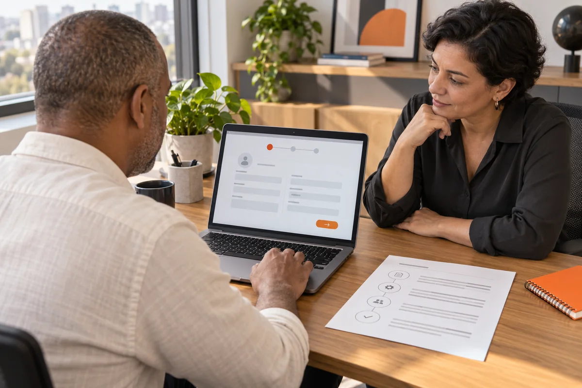 Profissional realiza uma tarefa no notebook e explica sua tentativa a uma supervisora, com uma referência apoiada sobre a mesa.