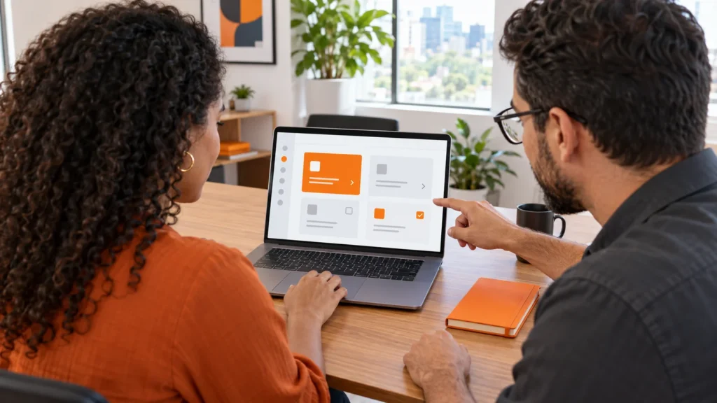 Cliente pratica uma tarefa no laptop ao lado do instrutor, com a tela voltada para os dois.
