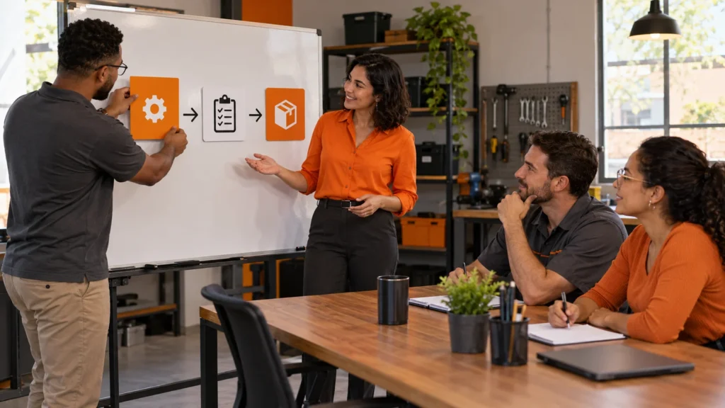 Instrutora orienta uma atividade com cartões no quadro, enquanto três colaboradores participam da oficina.