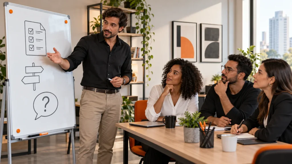 Facilitador apresenta orientações em um quadro durante treinamento corporativo com três profissionais.