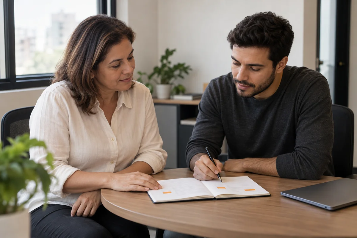Supervisora e colaborador revisam uma atividade em um caderno apoiado na mesa.