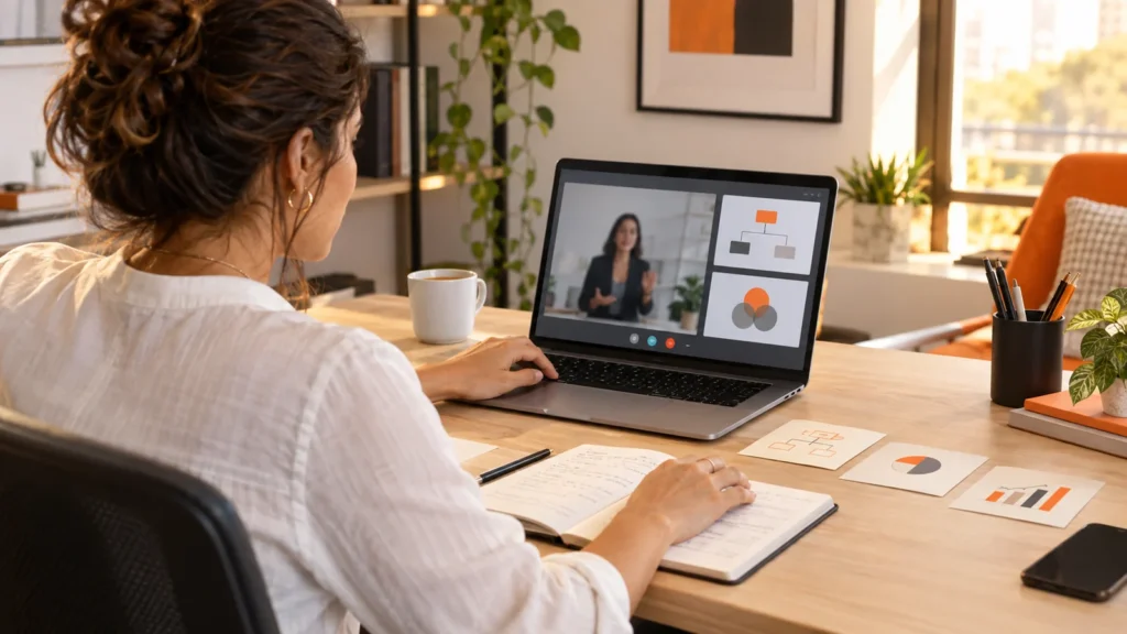 Profissional acompanha treinamento corporativo online no notebook e organiza materiais de uma atividade.
