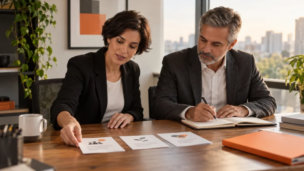 Dois gestores organizam fichas de aprendizagem apoiadas sobre a mesa e registram uma observação em uma agenda.