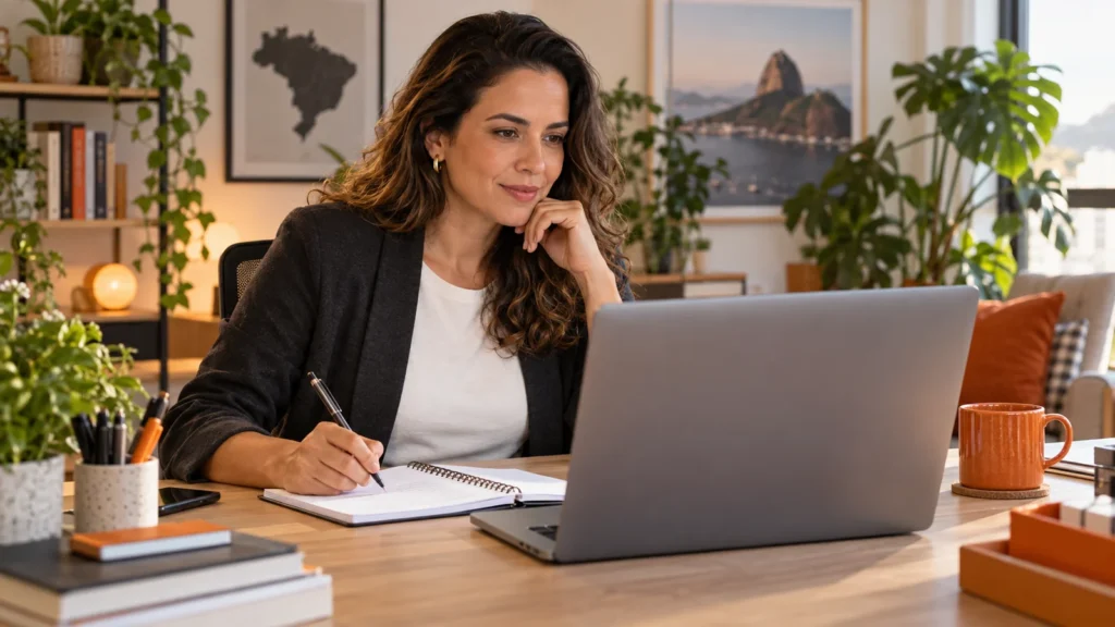 Profissional estuda no notebook e faz anotações em um caderno em seu espaço de trabalho.