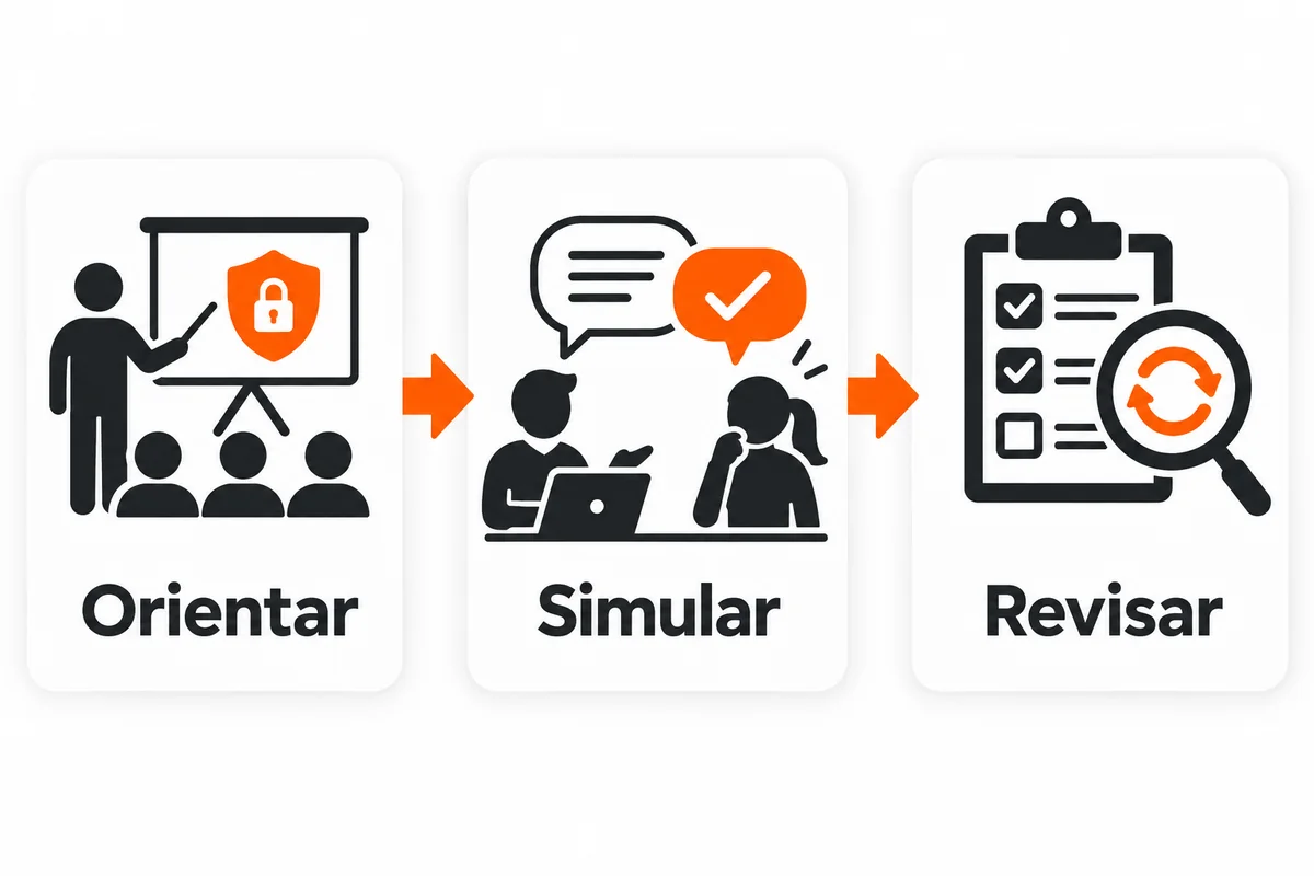 Ciclo de treinamento em LGPD com orientação, simulação de situações e revisão do aprendizado.