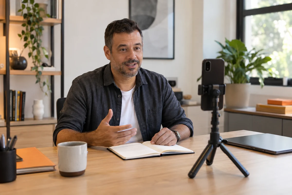 Instrutor grava uma explicação com um celular em tripé sobre a mesa.