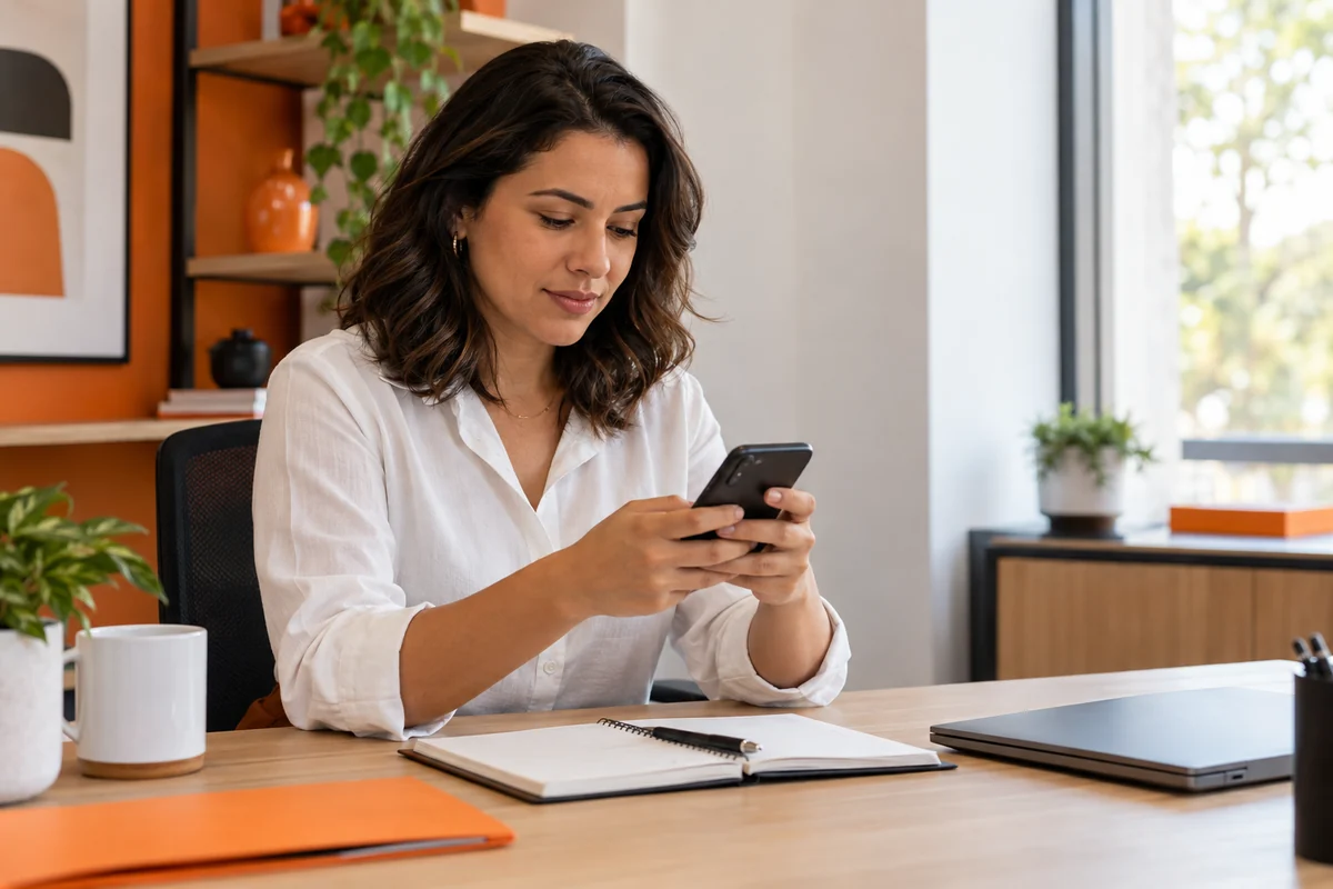 Profissional consulta um celular com um caderno aberto sobre a mesa.