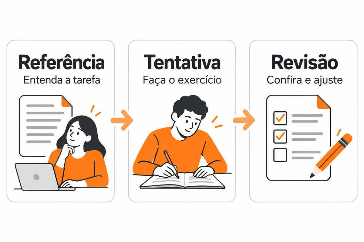 Etapas de uma atividade: referência, entenda a tarefa; tentativa, faça o exercício; revisão, confira e ajuste.