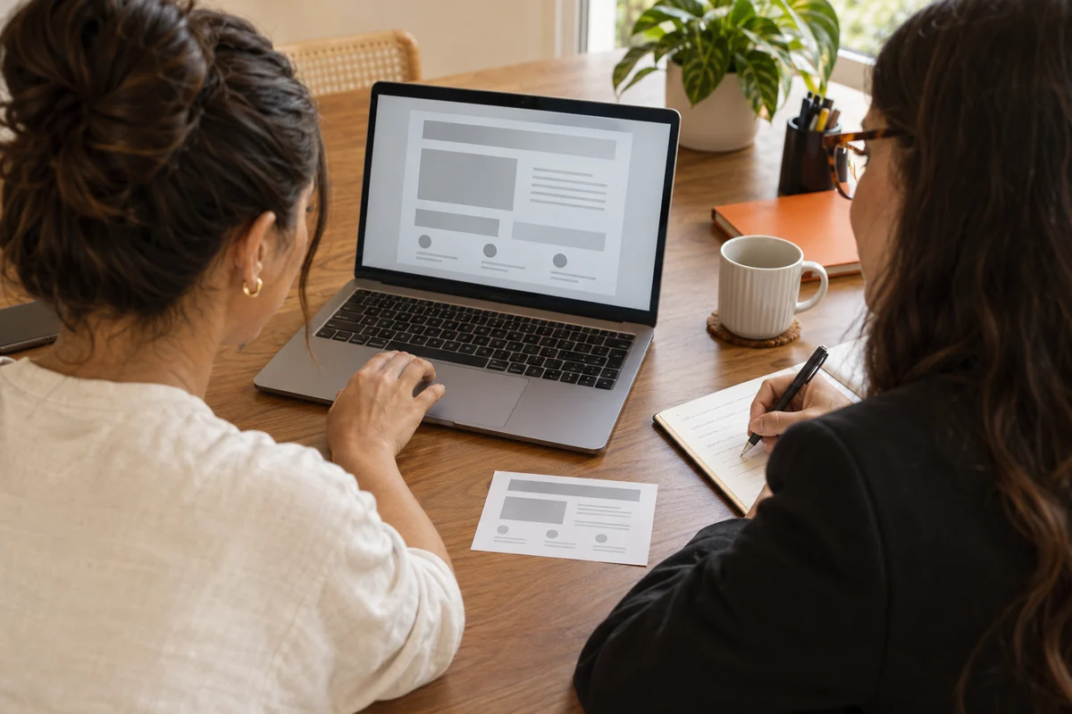 Participante revisa uma peça na tela do notebook enquanto uma colega registra orientações e compara uma referência apoiada na mesa.
