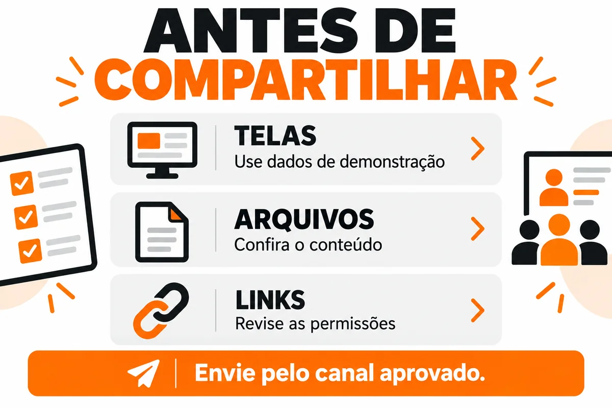 Antes de compartilhar: use dados de demonstração nas telas, confira o conteúdo dos arquivos e revise as permissões dos links. Envie pelo canal aprovado.