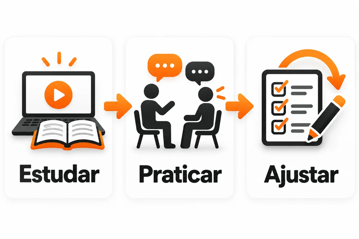 Ciclo de treinamento comercial com estudo, prática em dupla e ajuste a partir do retorno recebido.