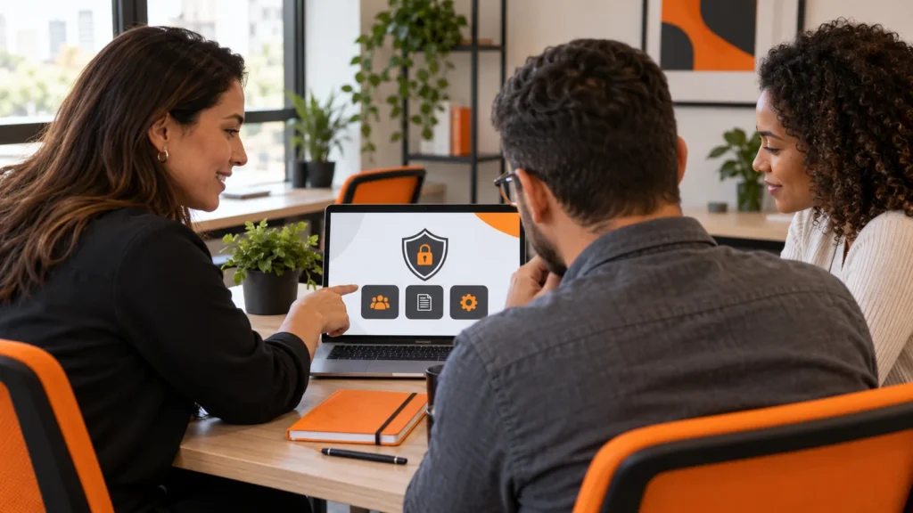 Equipe participa de treinamento sobre proteção de dados diante de uma tela com símbolo de privacidade.