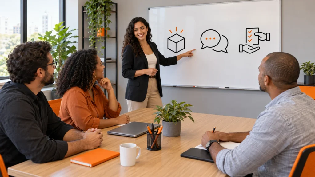 Facilitadora orienta três parceiros diante de um quadro com símbolos de oferta, conversa e entrega.