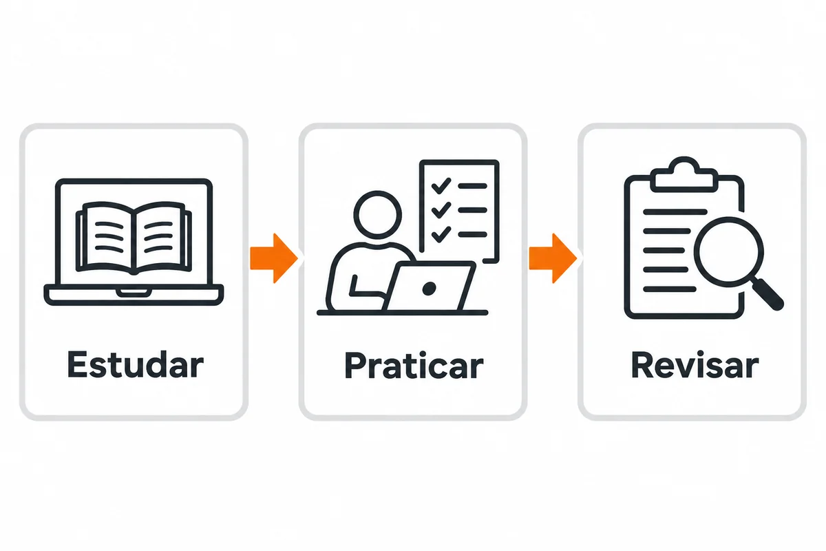 Três etapas conectadas por setas: estudar, praticar e revisar.