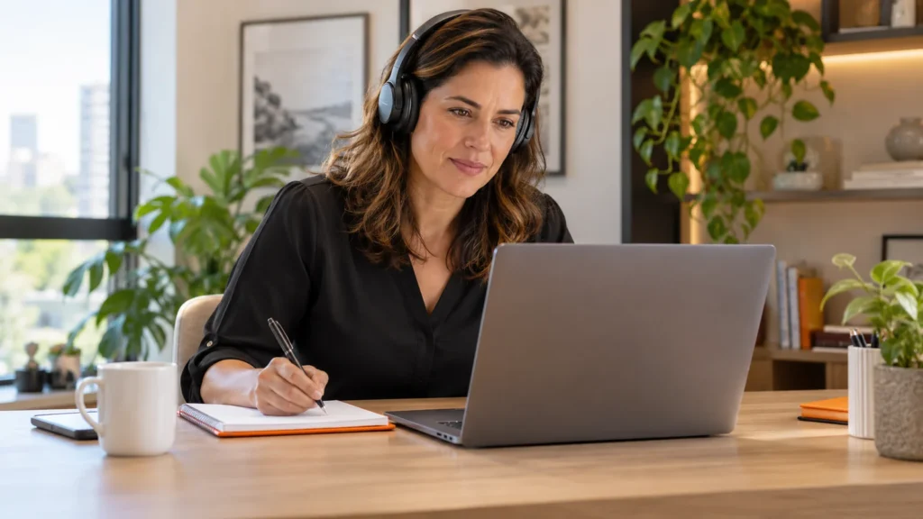 Profissional com fones de ouvido estuda no computador e faz anotações em um caderno.