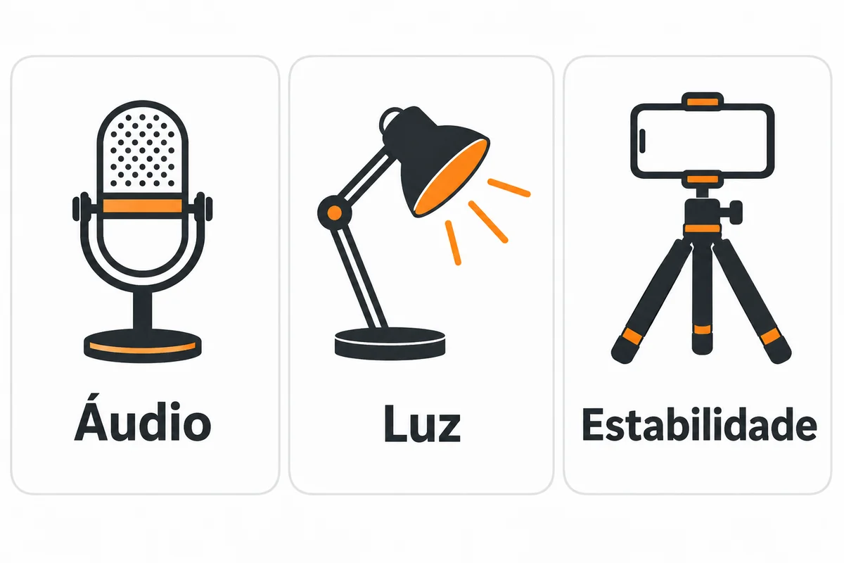 Três componentes de uma gravação: áudio, luz e estabilidade.